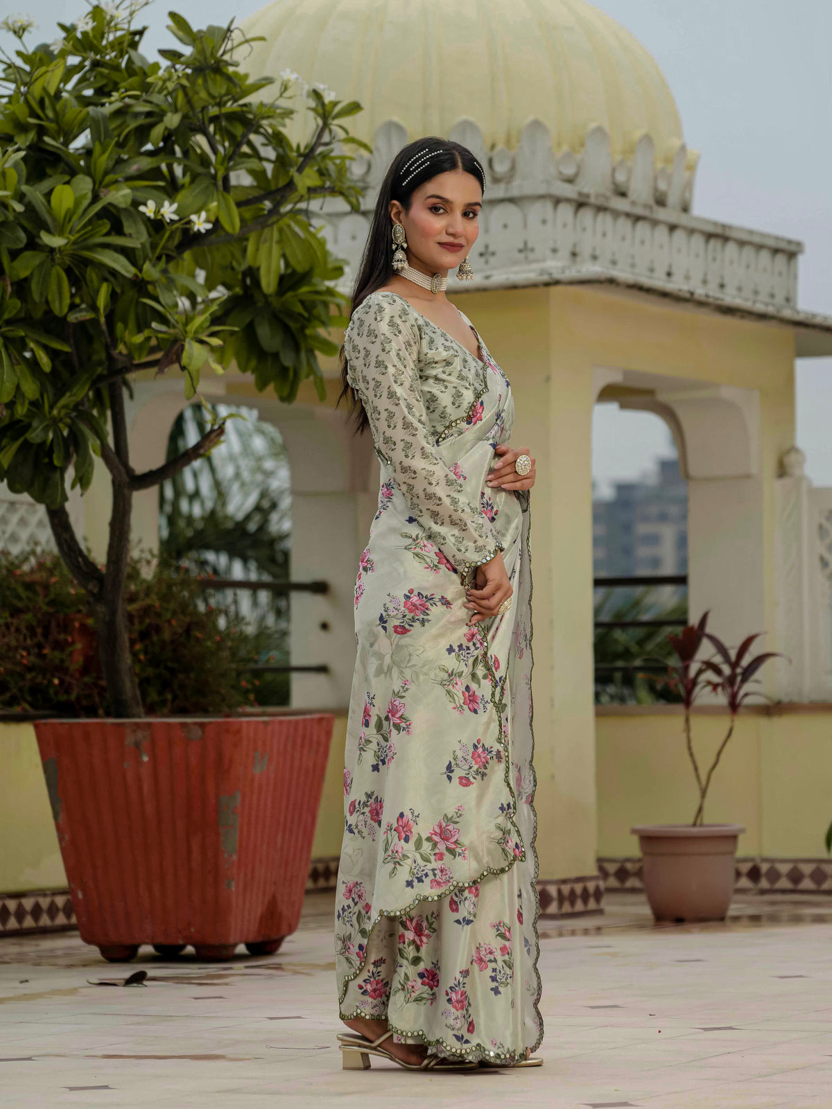 Pastel Green Floral Heavy Chinnon Ready to Wear Saree for Women