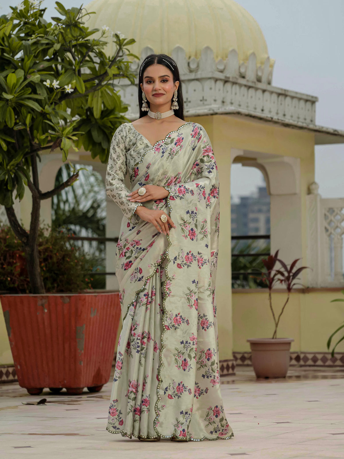 Pastel Green Floral Heavy Chinnon Ready to Wear Saree for Women