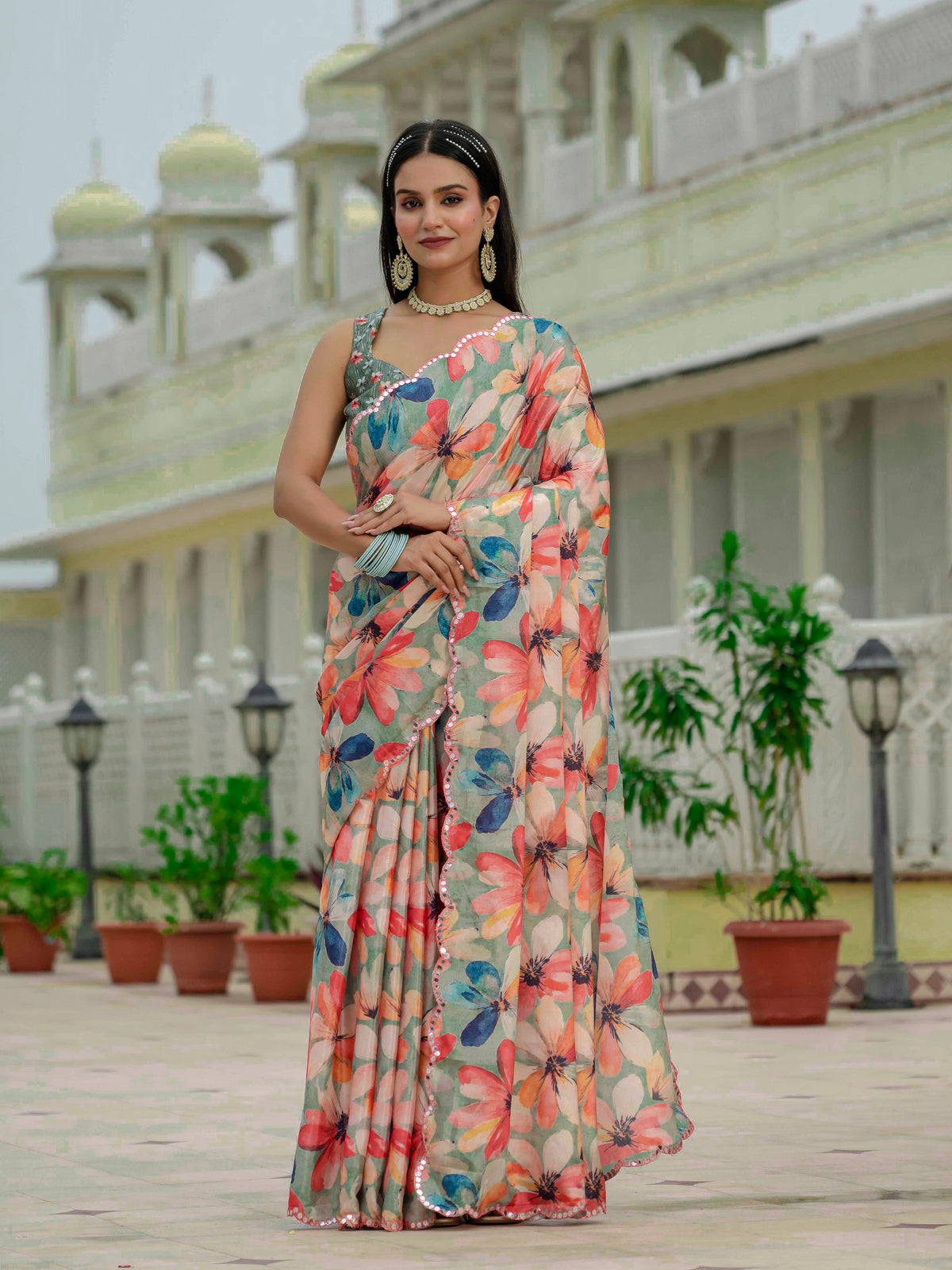 Sage Green Floral Heavy Chinnon Ready to Wear Saree for Women