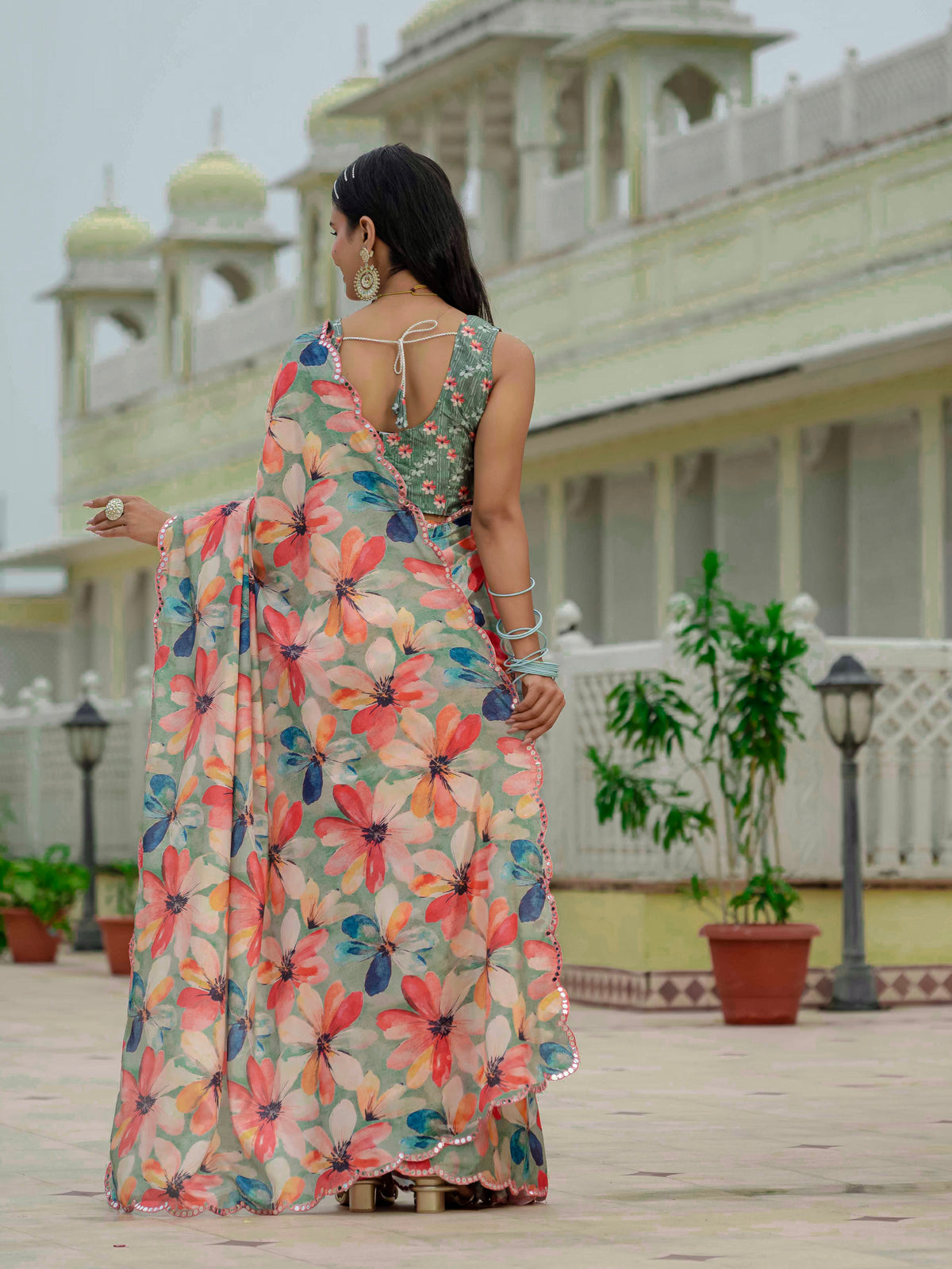 Sage Green Floral Heavy Chinnon Ready to Wear Saree for Women