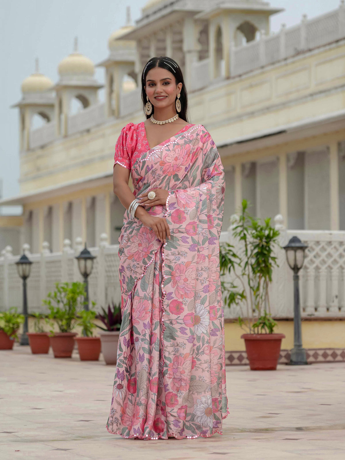 Blush Pink Floral Heavy Chinnon Ready to Wear Saree for Women