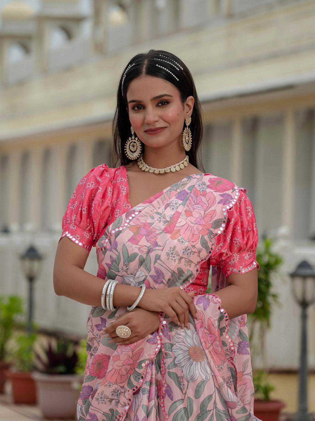 Blush Pink Floral Heavy Chinnon Ready to Wear Saree for Women