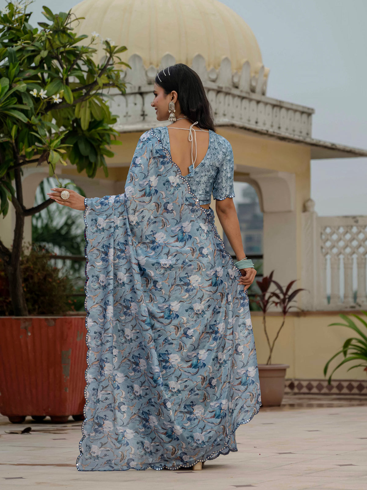 Powder Blue Floral Heavy Chinnon Ready to Wear Saree for Women