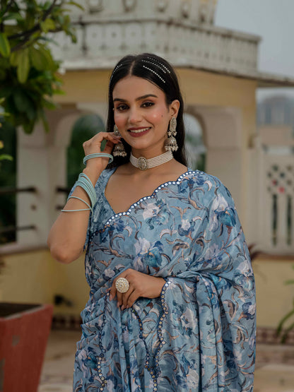 Powder Blue Floral Heavy Chinnon Ready to Wear Saree for Women