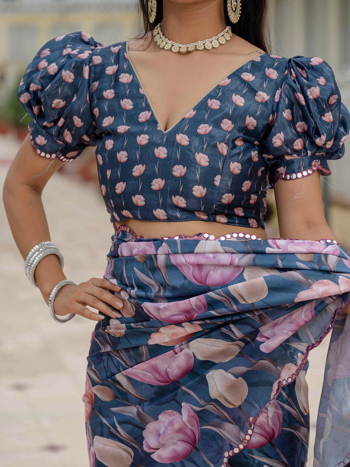 Midnight Blue Floral Heavy Chinnon Ready to Wear Saree for Women