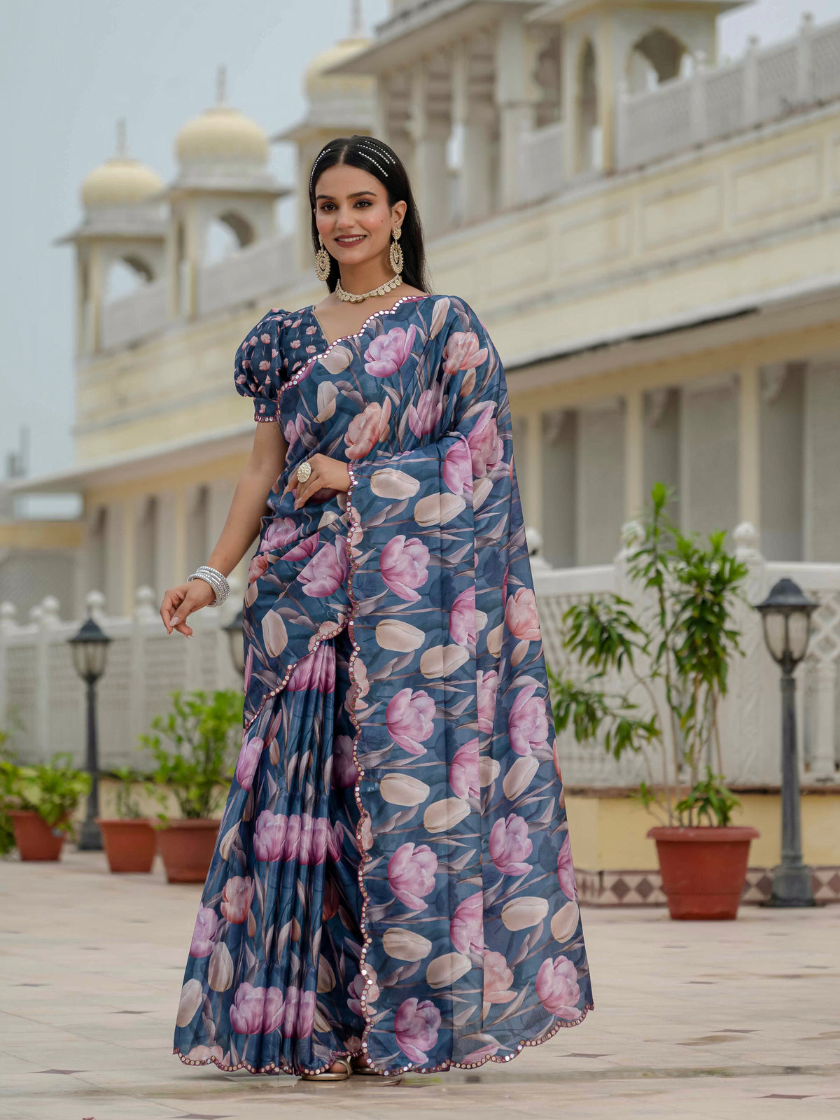 Midnight Blue Floral Heavy Chinnon Ready to Wear Saree for Women