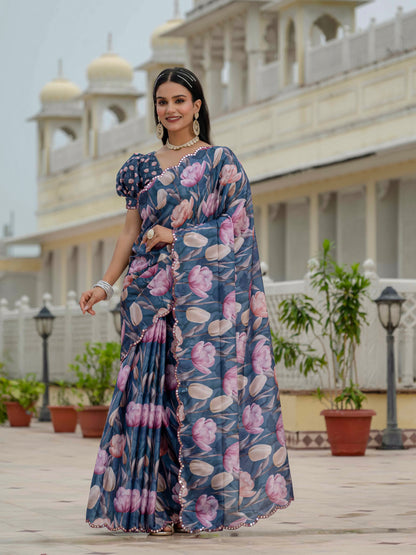 Midnight Blue Floral Heavy Chinnon Ready to Wear Saree for Women