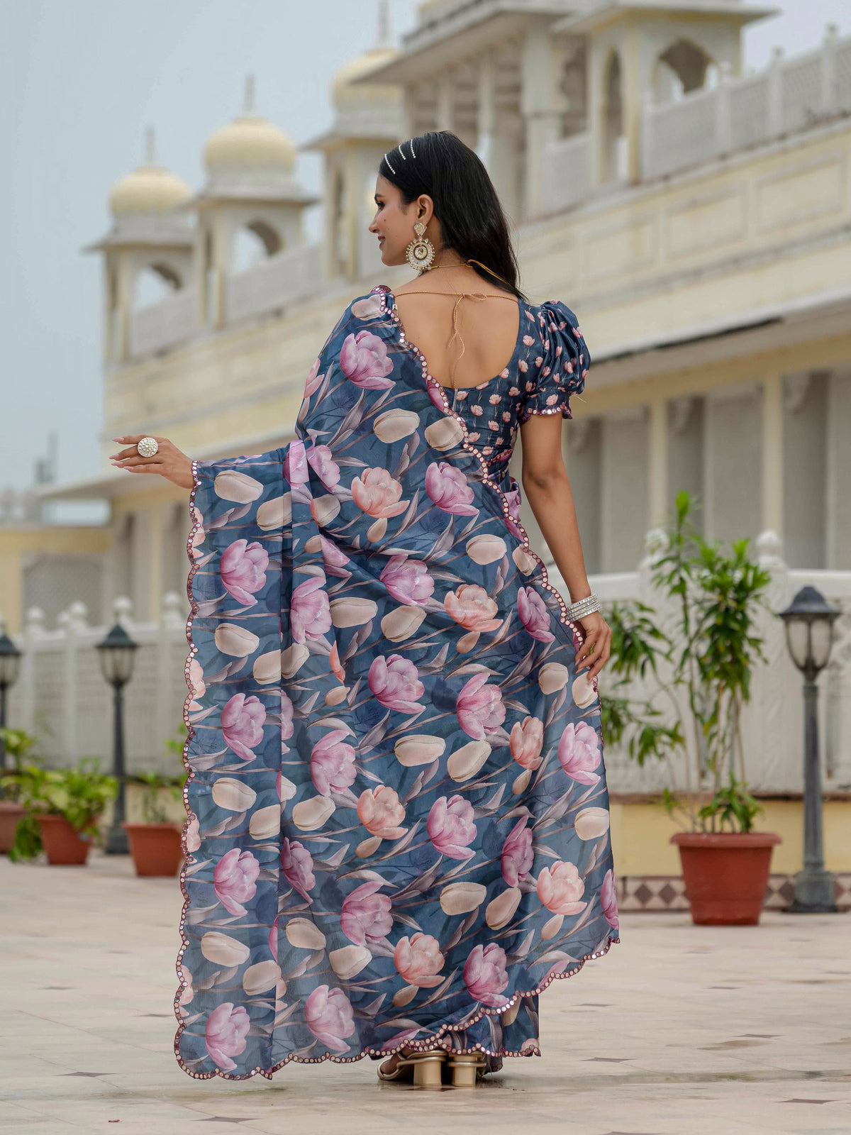 Midnight Blue Floral Heavy Chinnon Ready to Wear Saree for Women