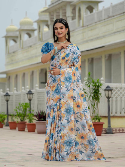 Blue Floral Print Ready To Wear Chinnon Saree With Blouse for Women