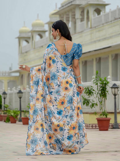 Blue Floral Print Ready To Wear Chinnon Saree With Blouse for Women