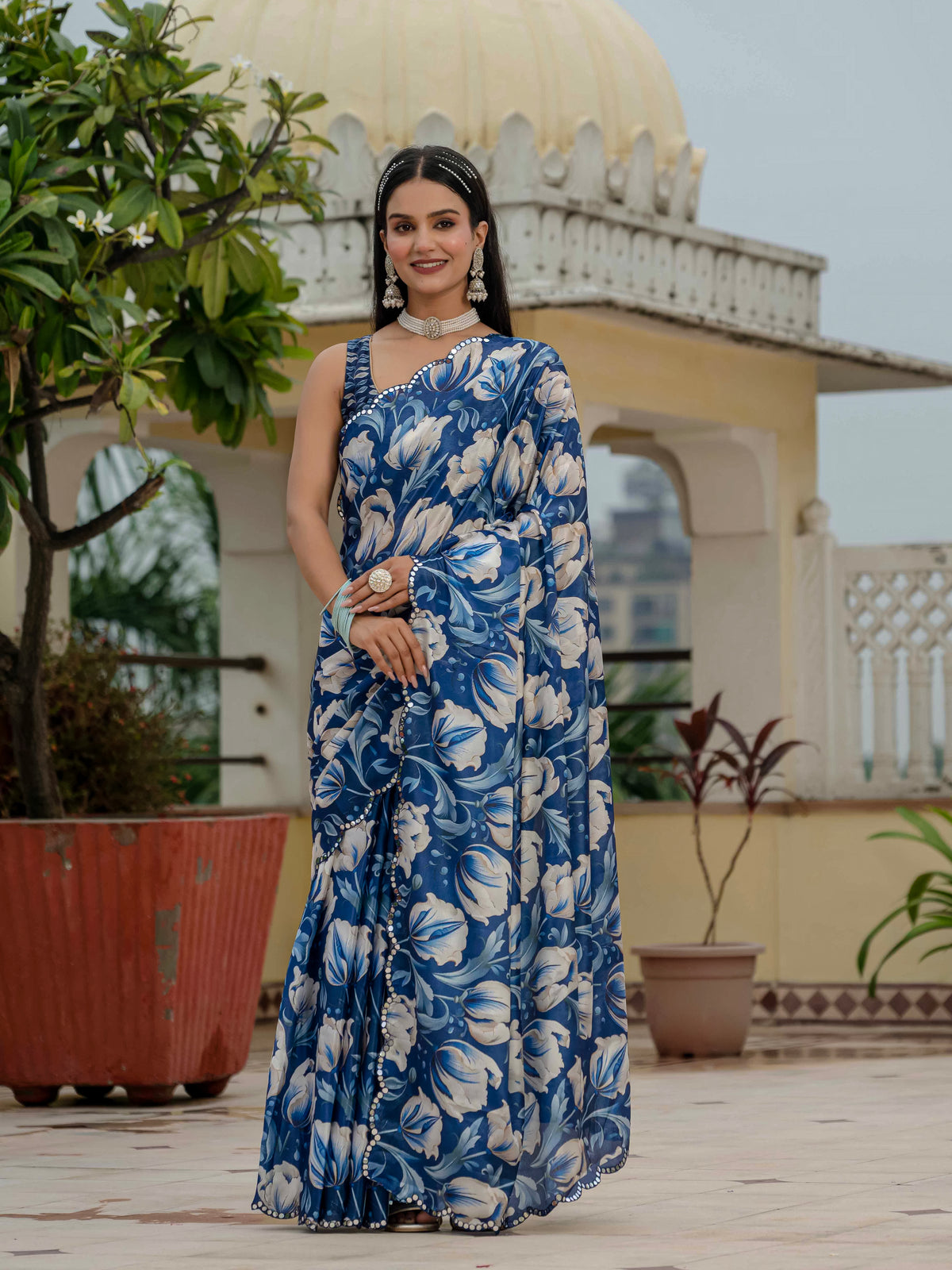 Royal Blue Floral Chinnon Ready Made Saree With Blouse for Women