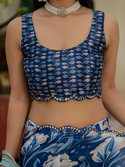 Royal Blue Floral Chinnon Ready Made Saree With Blouse for Women