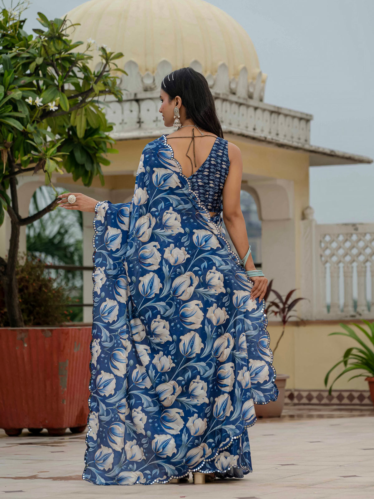 Royal Blue Floral Chinnon Ready Made Saree With Blouse for Women