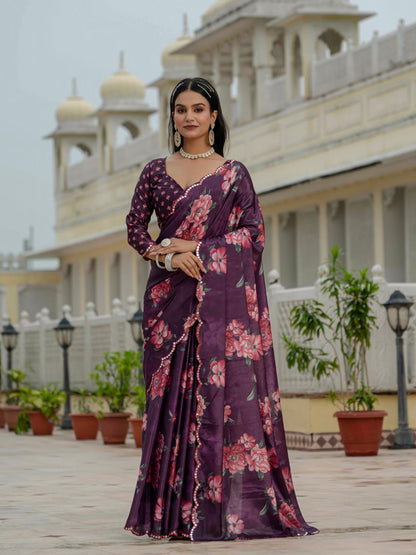 Plum Floral Chinnon Ready To Wear Saree With Blouse for Women