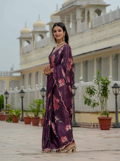 Plum Floral Chinnon Ready To Wear Saree With Blouse for Women