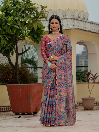 Coral Floral Paisley Chinnon Ready To Wear Saree by for Women