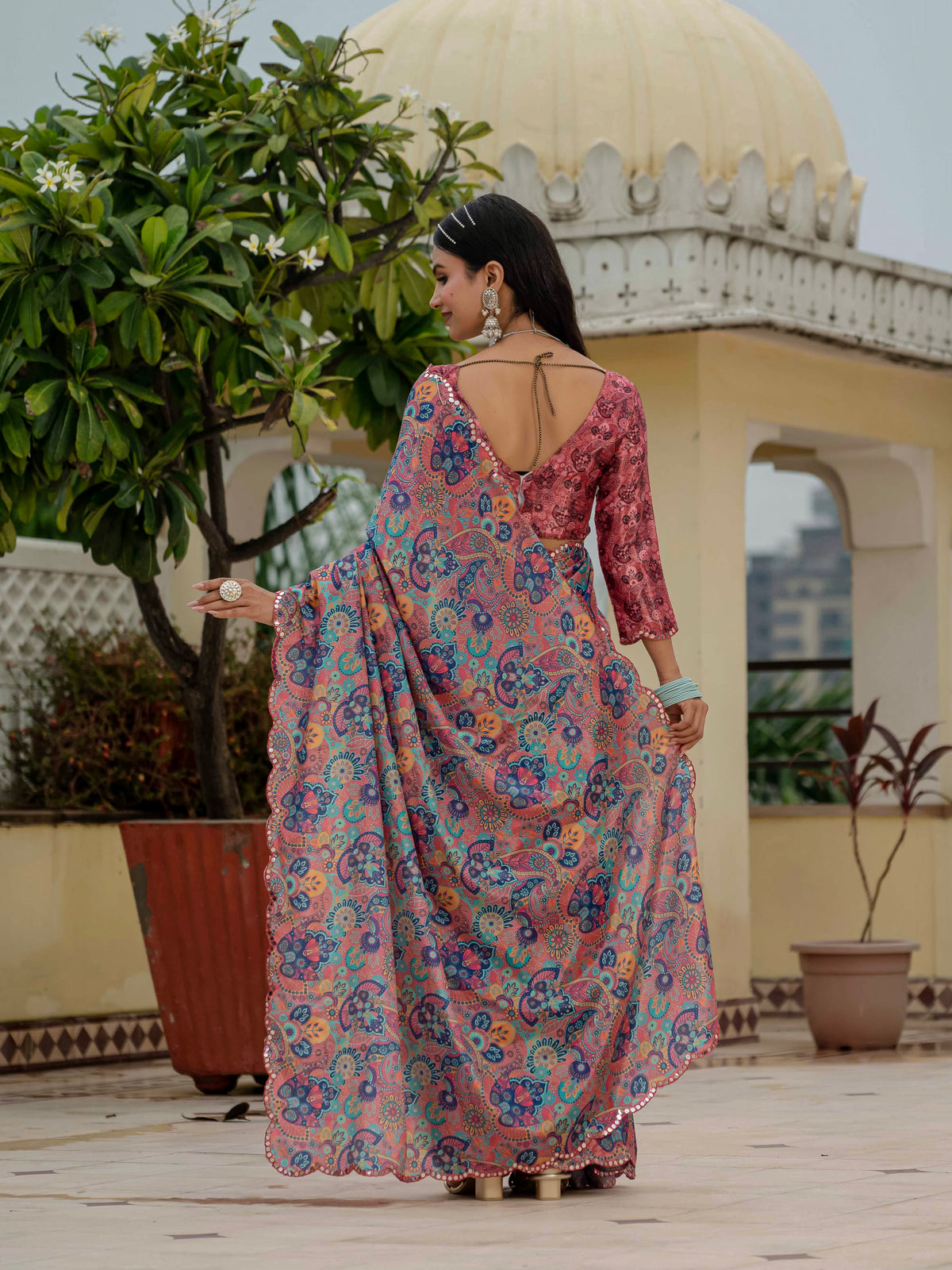 Coral Floral Paisley Chinnon Ready To Wear Saree by for Women