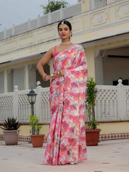 Pink Floral Chinnon Ready To Wear Saree With Lace for Women