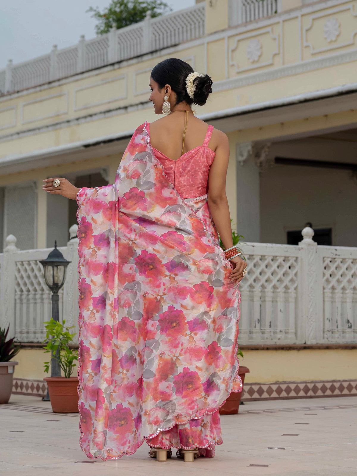 Pink Floral Chinnon Ready To Wear Saree With Lace for Women