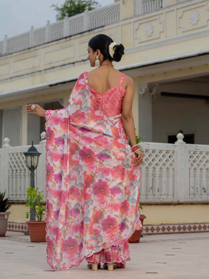 Pink Floral Chinnon Ready To Wear Saree With Lace for Women