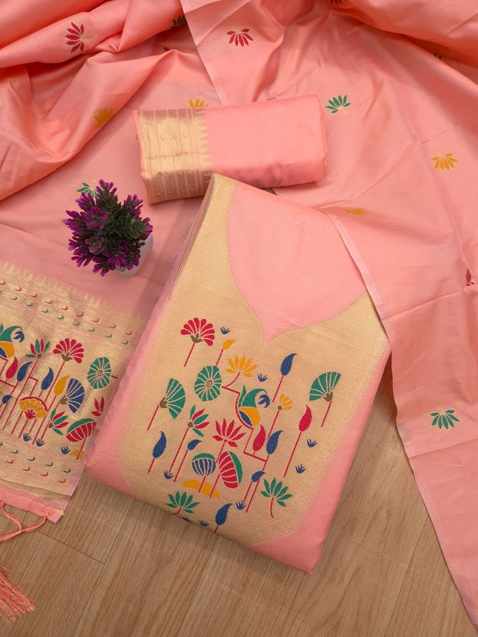 Peach Paithani Style Zari Weave Unstitched Suit for Women