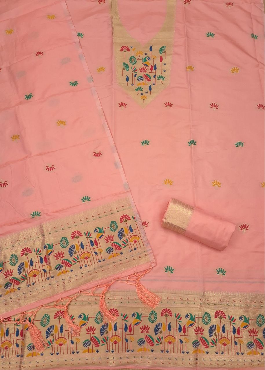 Peach Paithani Style Zari Weave Unstitched Suit for Women