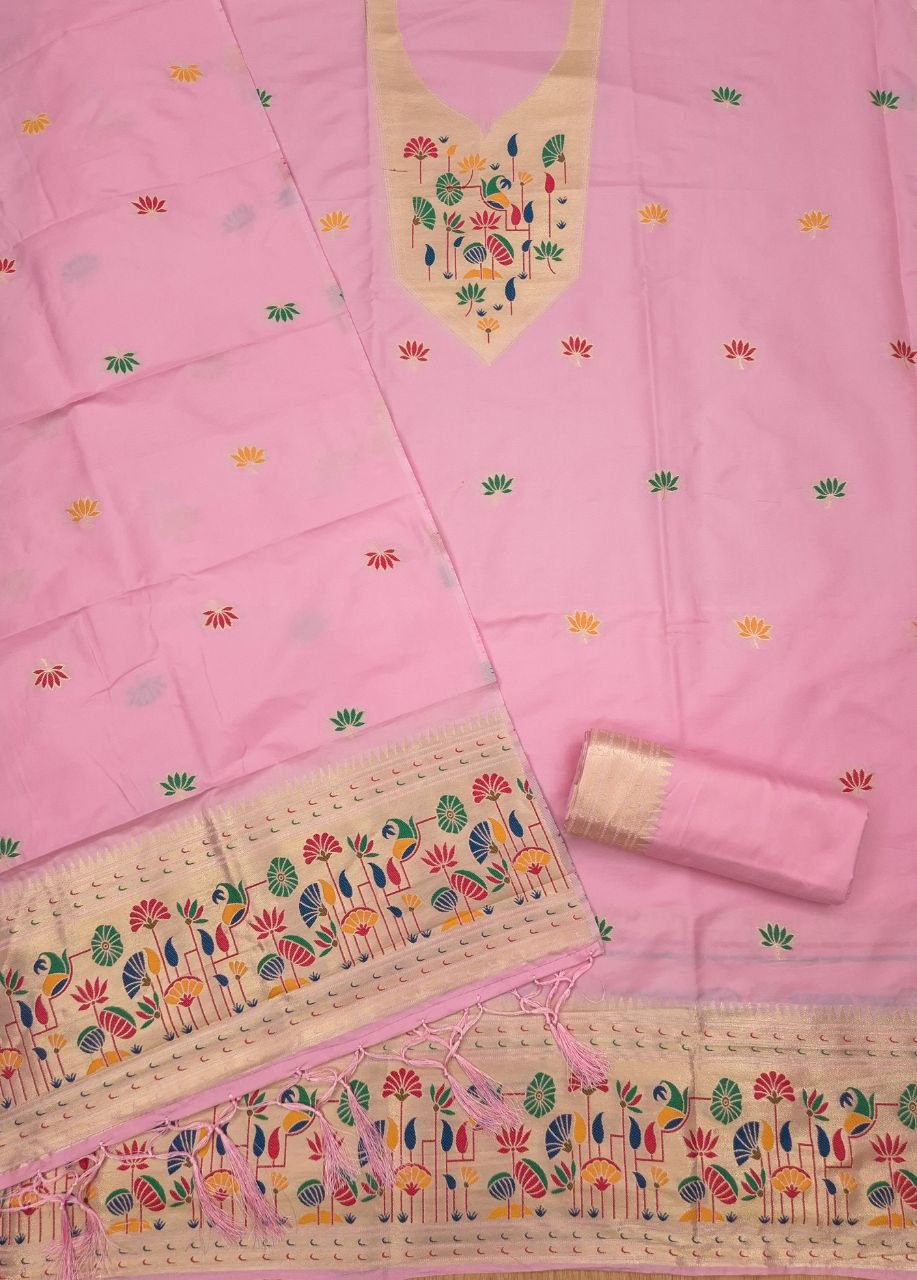 Pink Paithani Style Zari Motif Unstitched Suit Material for Women
