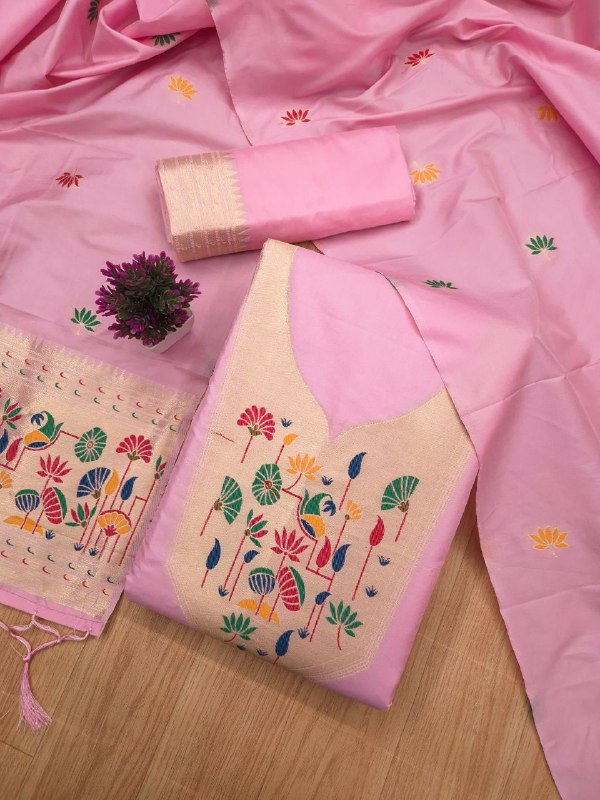 Pink Paithani Style Zari Motif Unstitched Suit Material for Women