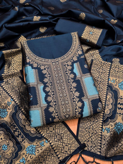 Navy Blue Paithani Style Zari Woven Unstitched Suit for Women