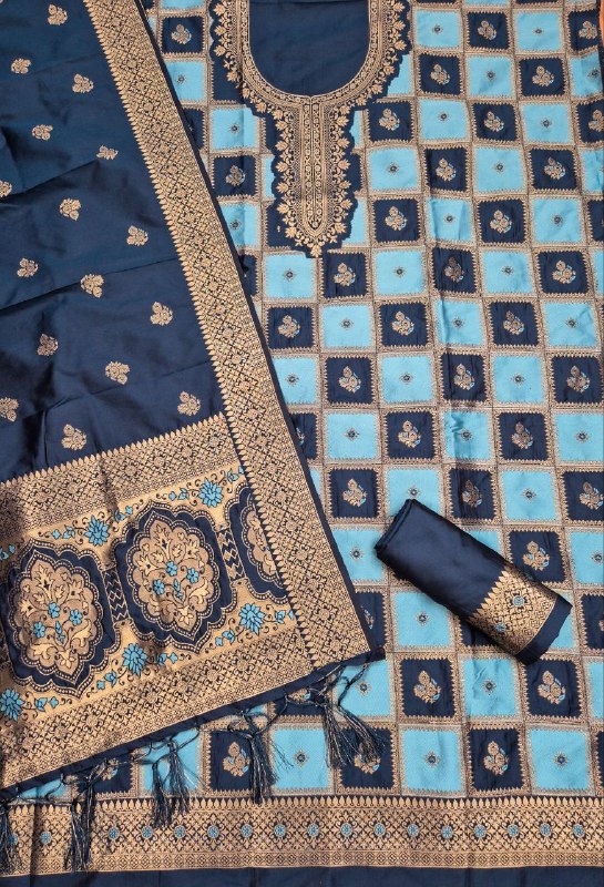 Navy Blue Paithani Style Zari Woven Unstitched Suit for Women