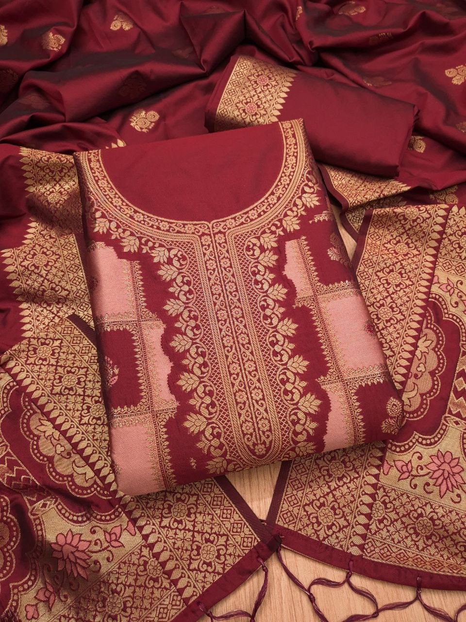 Maroon Paithani Style Zari Woven Unstitched Suit Material for Women