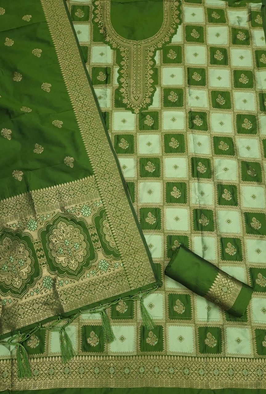 Green Paithani Style Zari Woven Unstitched Suit Material for Women