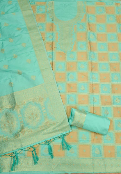 Mint Green Paithani Style Zari Woven Unstitched Suit Material