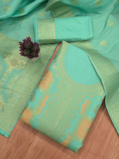 Mint Green Paithani Style Zari Woven Unstitched Suit Material