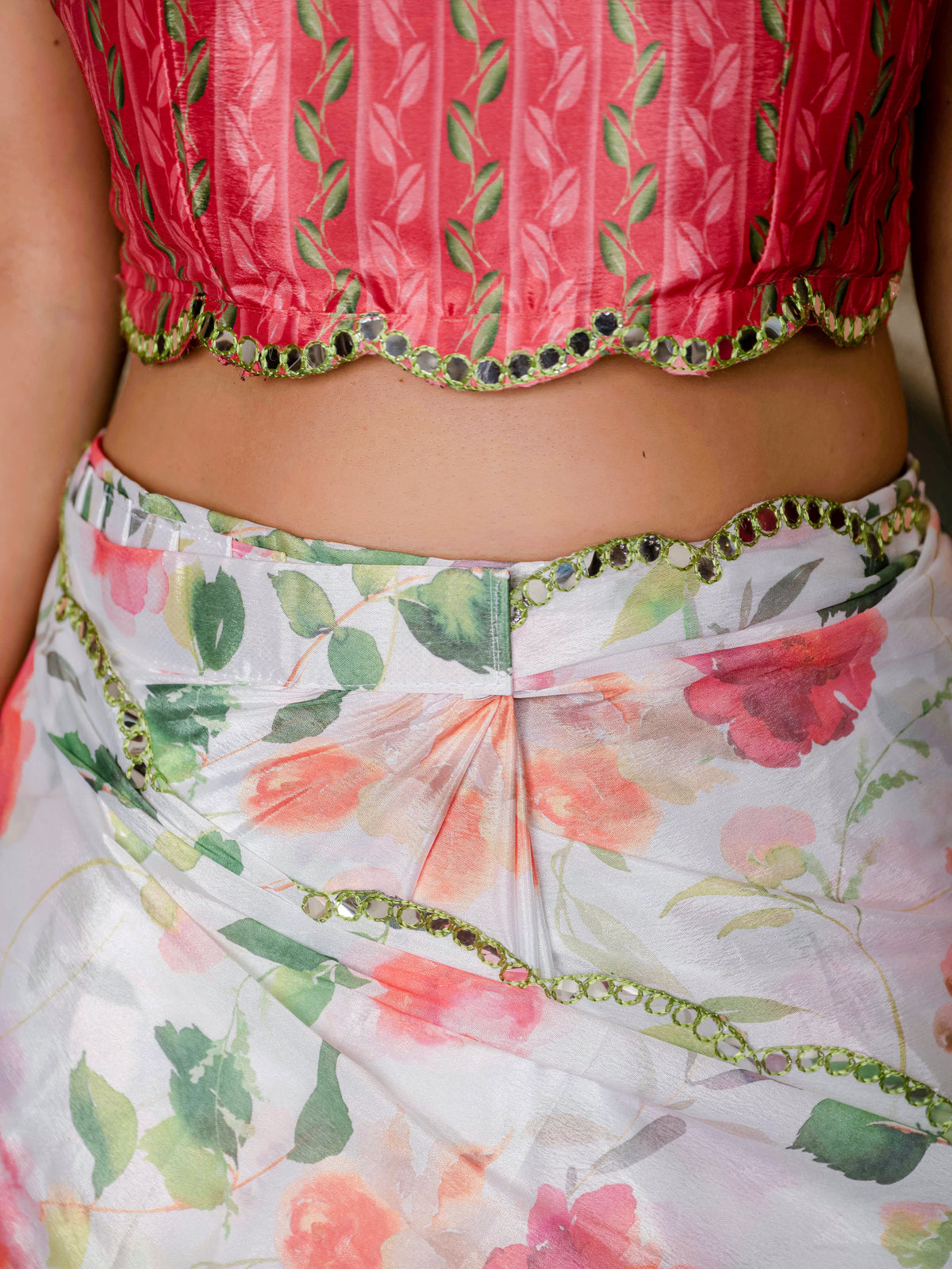 Coral Pink Floral Print Ready To Wear Chinnon Saree for Women