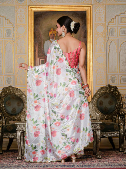 Coral Pink Floral Print Ready To Wear Chinnon Saree for Women