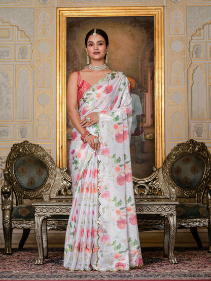 Coral Pink Floral Print Ready To Wear Chinnon Saree for Women