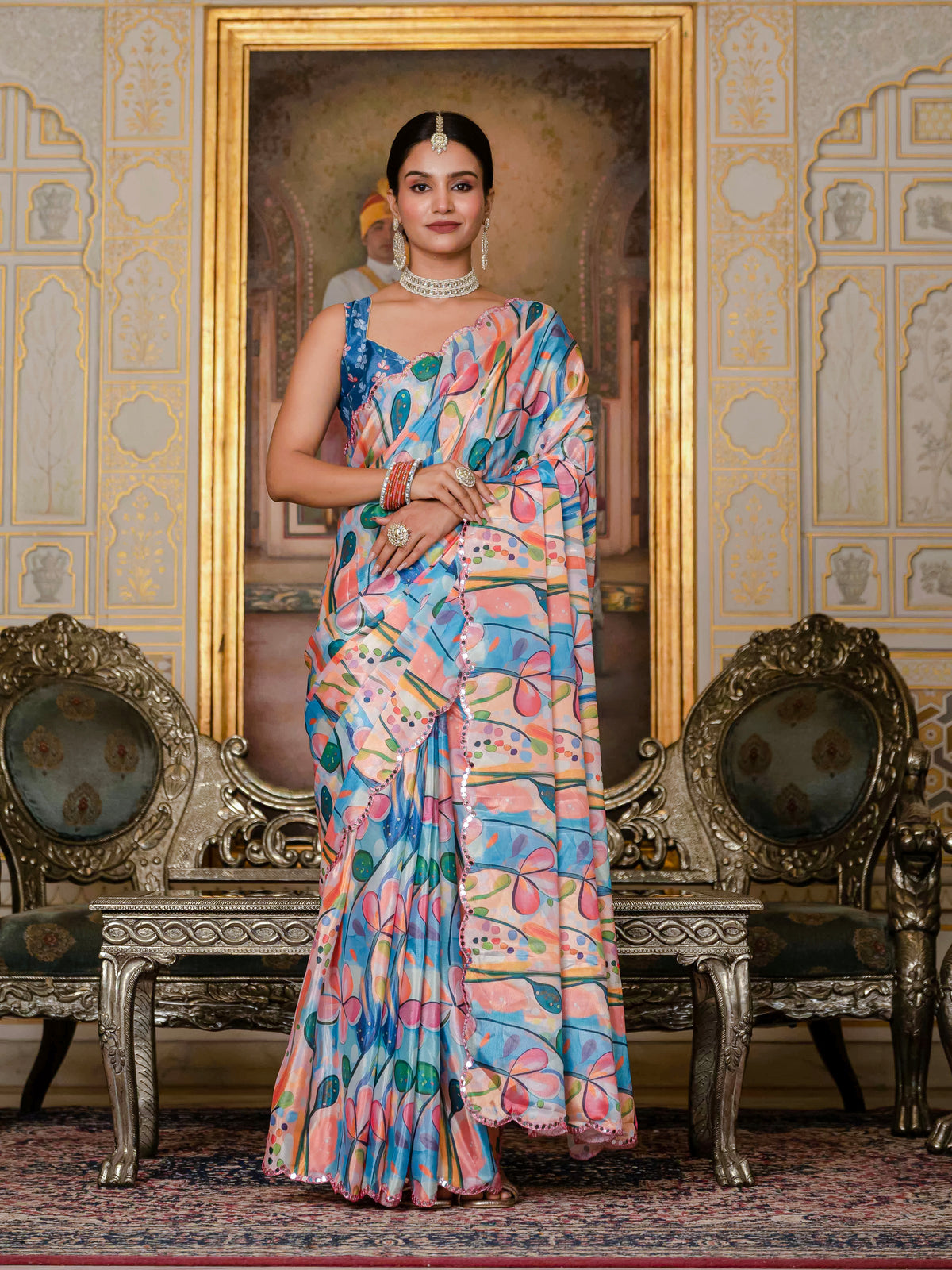 Multicolor Floral Print Ready To Wear Chinnon Saree for Women