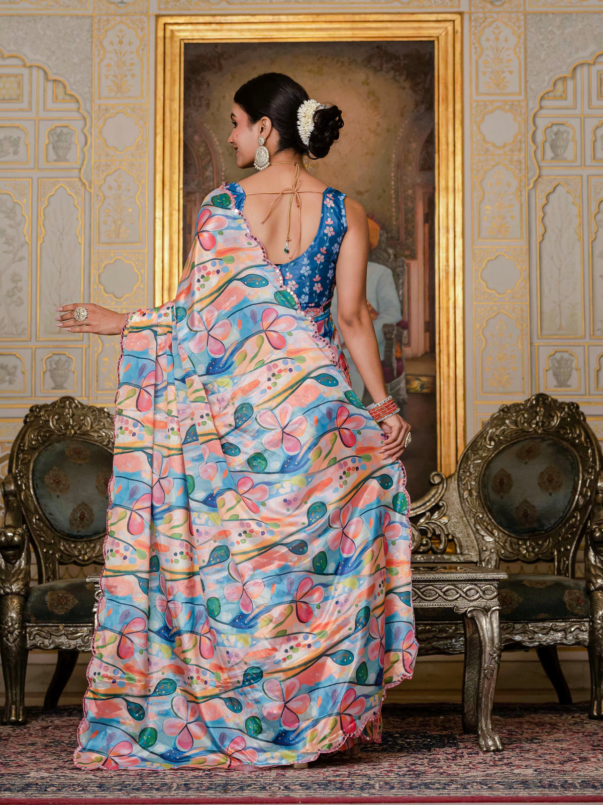 Multicolor Floral Print Ready To Wear Chinnon Saree for Women