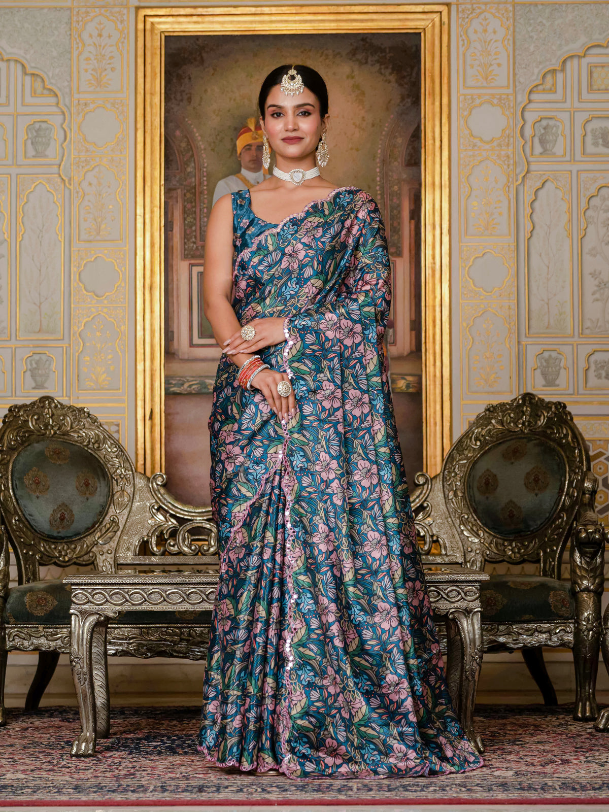 Blue Floral Chinnon Ready To Wear Saree with Mirror Lace for Women