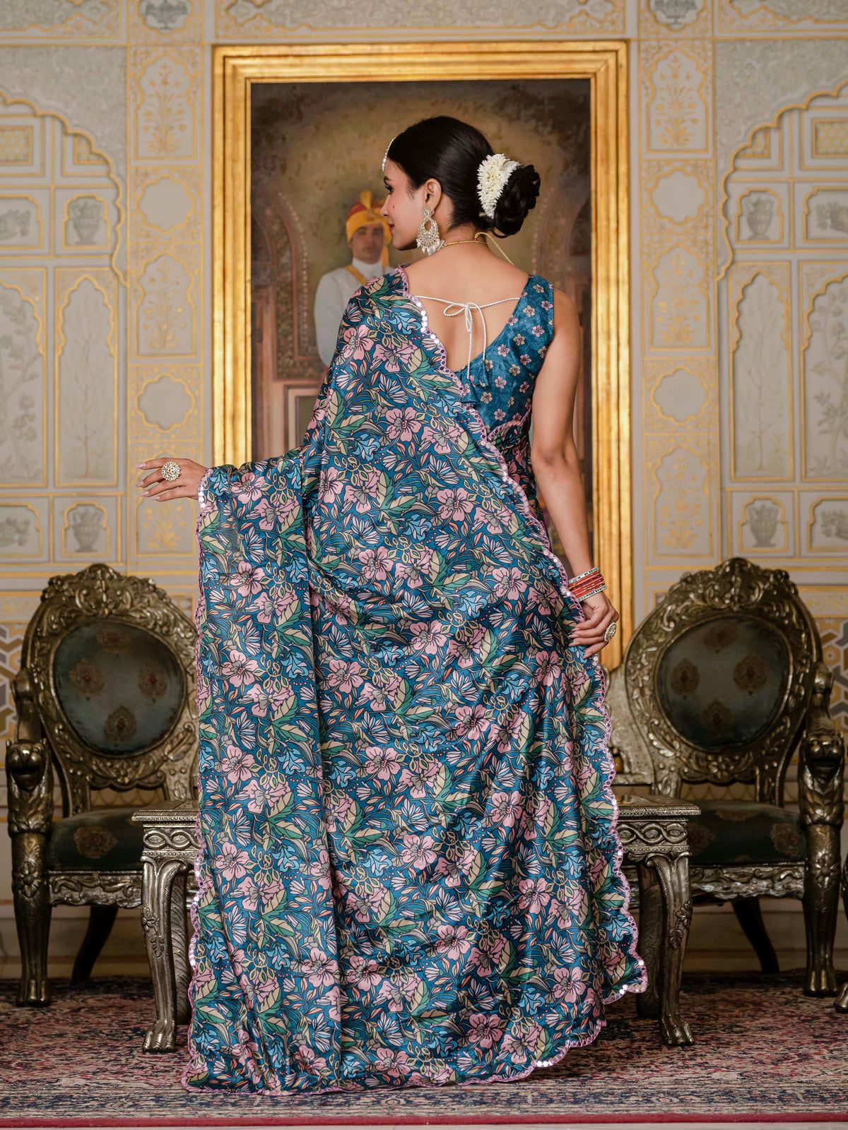 Blue Floral Chinnon Ready To Wear Saree with Mirror Lace for Women