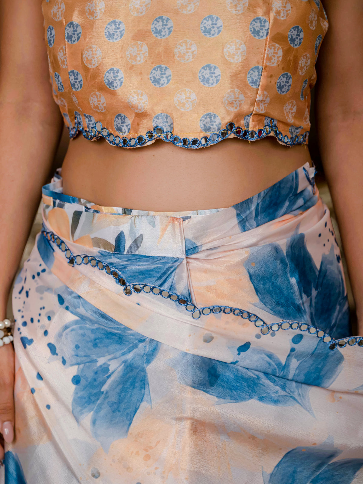 Peach Blue Floral Chinnon Ready To Wear Saree for Women