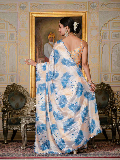 Peach Blue Floral Chinnon Ready To Wear Saree for Women