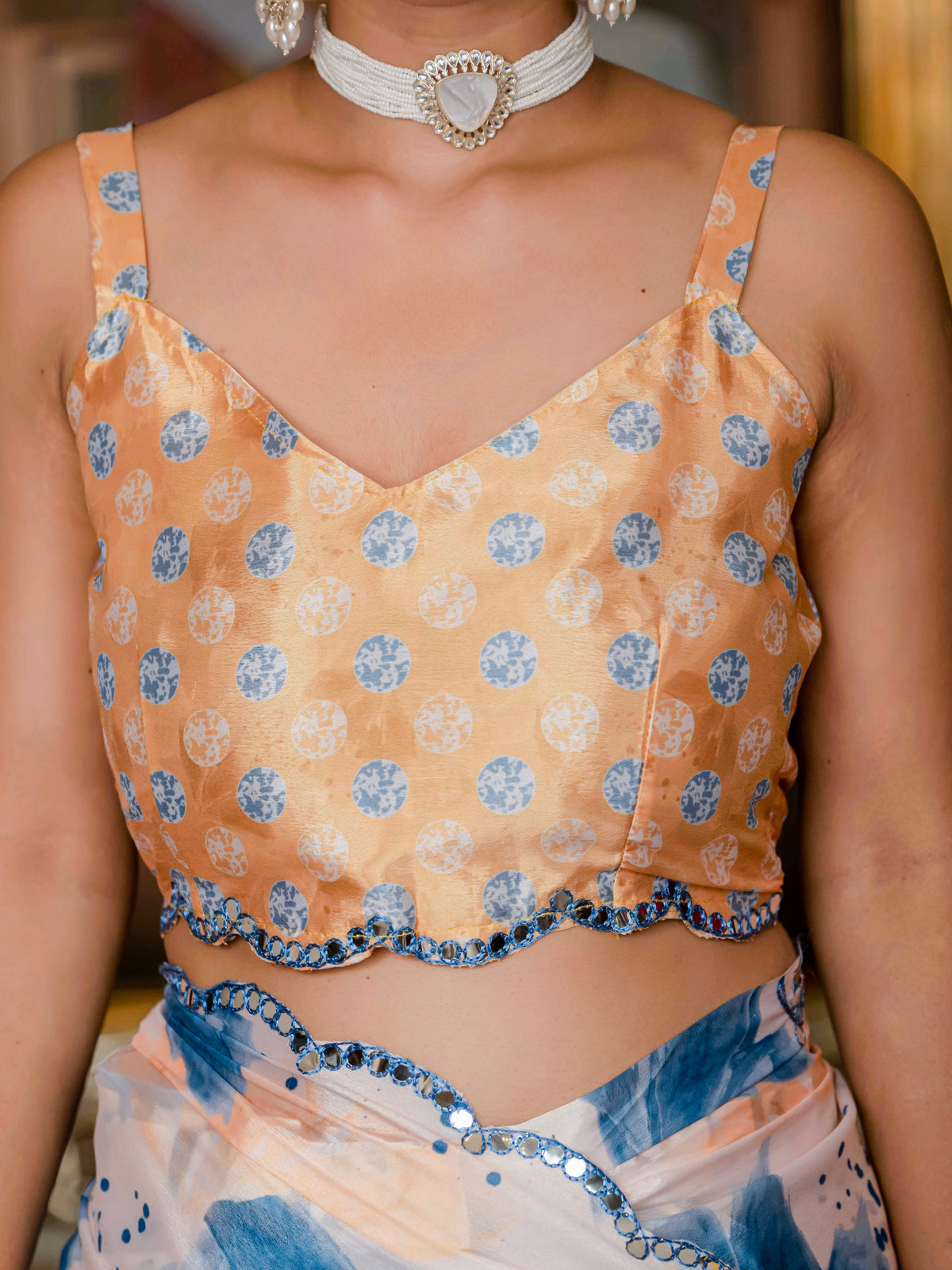 Peach Blue Floral Chinnon Ready To Wear Saree for Women