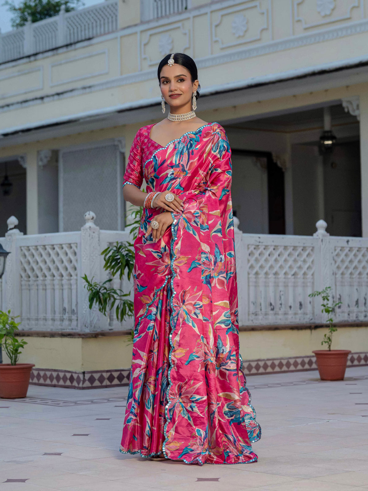 Pink Floral Chinnon Ready To Wear Saree With Mirror Lace for Women