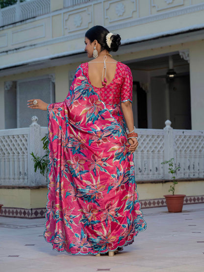 Pink Floral Chinnon Ready To Wear Saree With Mirror Lace for Women