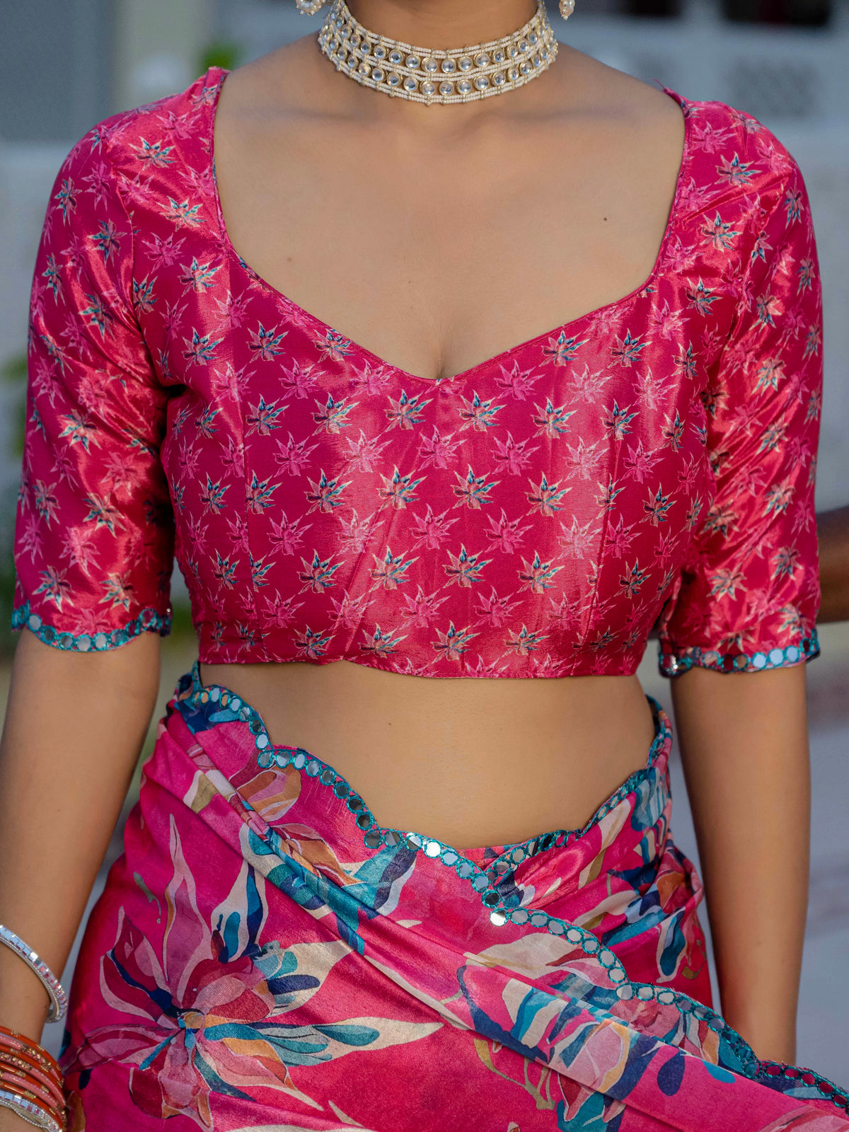 Pink Floral Chinnon Ready To Wear Saree With Mirror Lace for Women