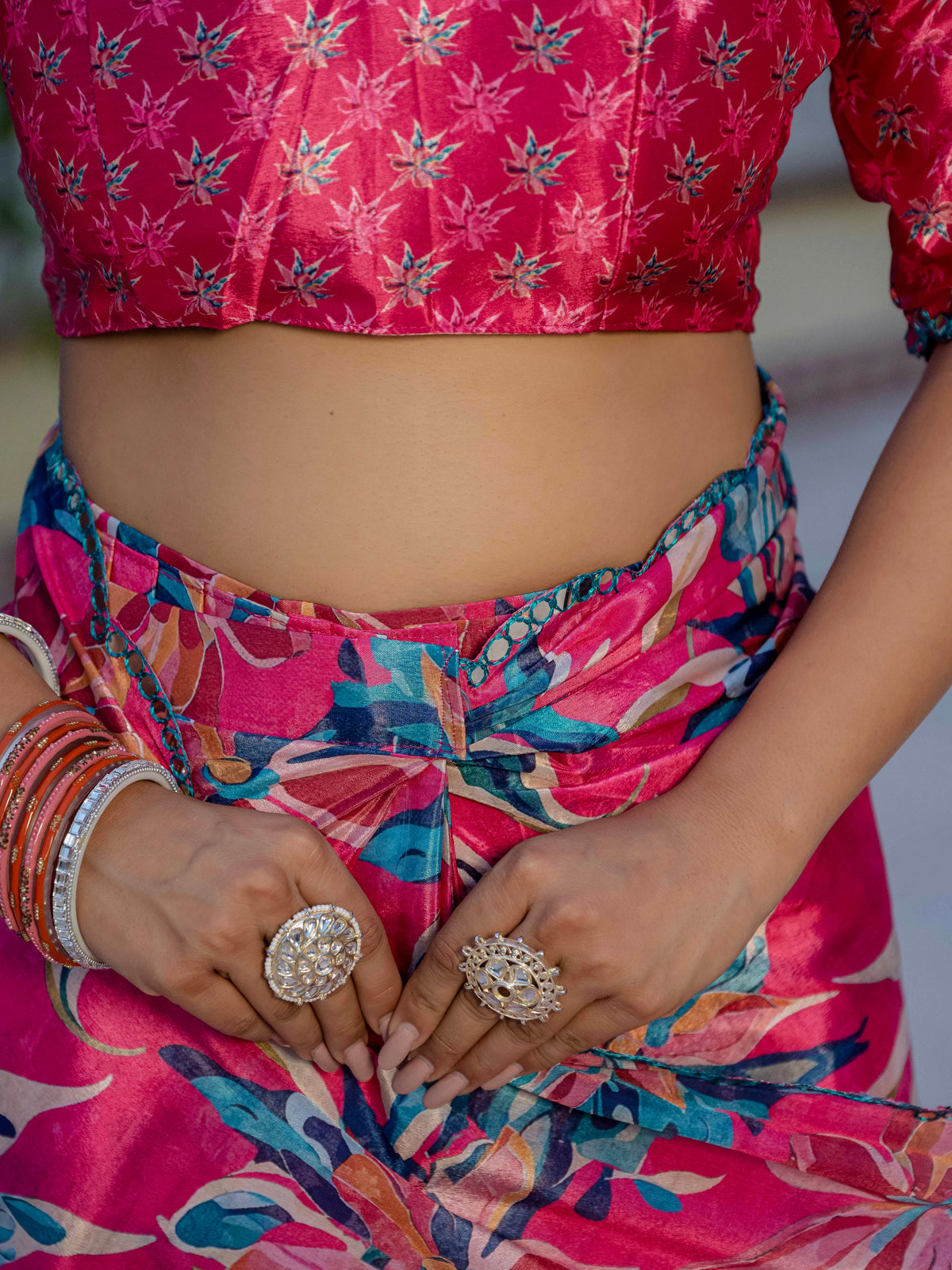 Pink Floral Chinnon Ready To Wear Saree With Mirror Lace for Women