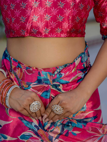 Pink Floral Chinnon Ready To Wear Saree With Mirror Lace for Women