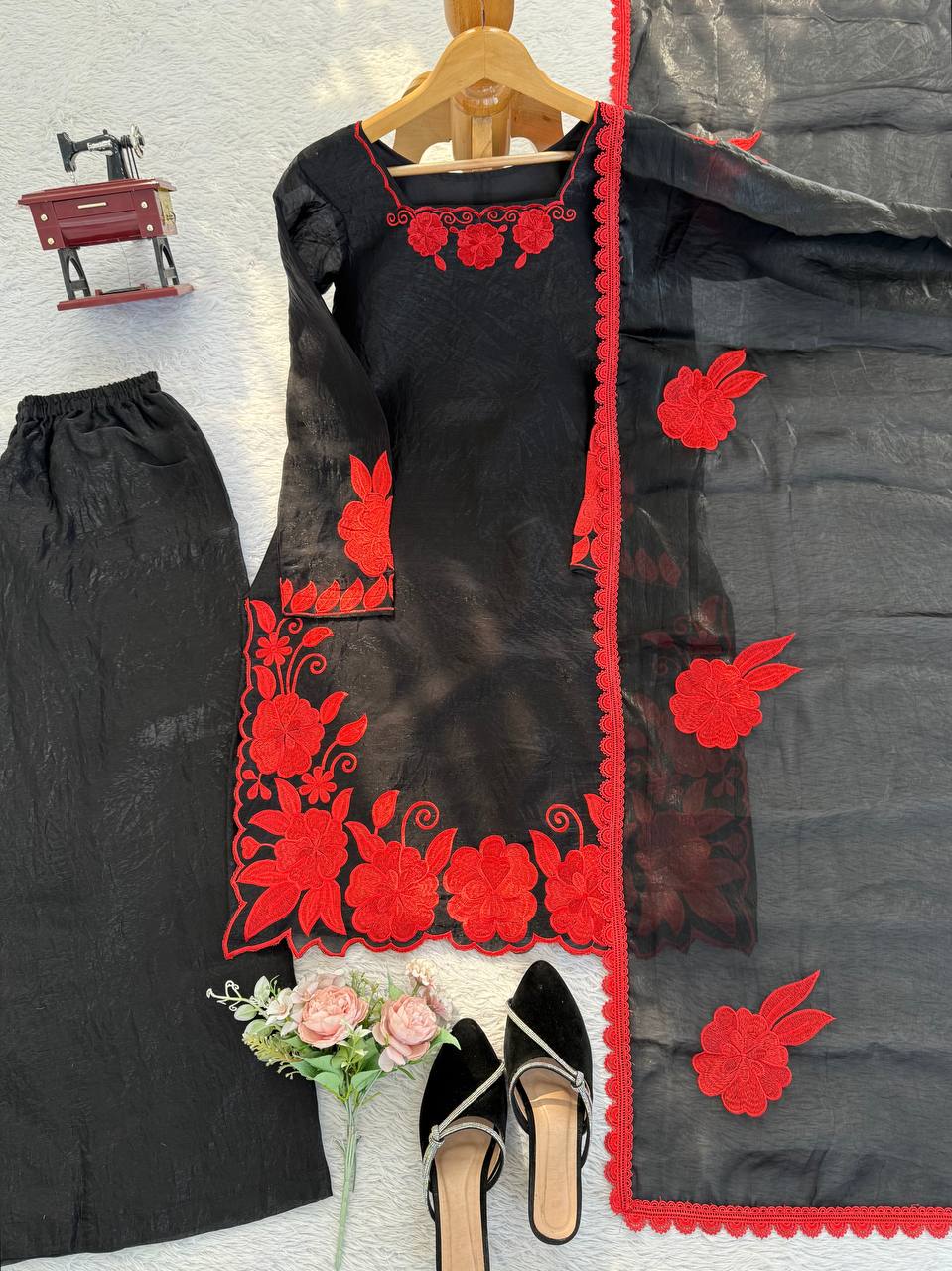 Black Red Fendy Silk 3 Piece Readymade Salwar Suit Set for Women